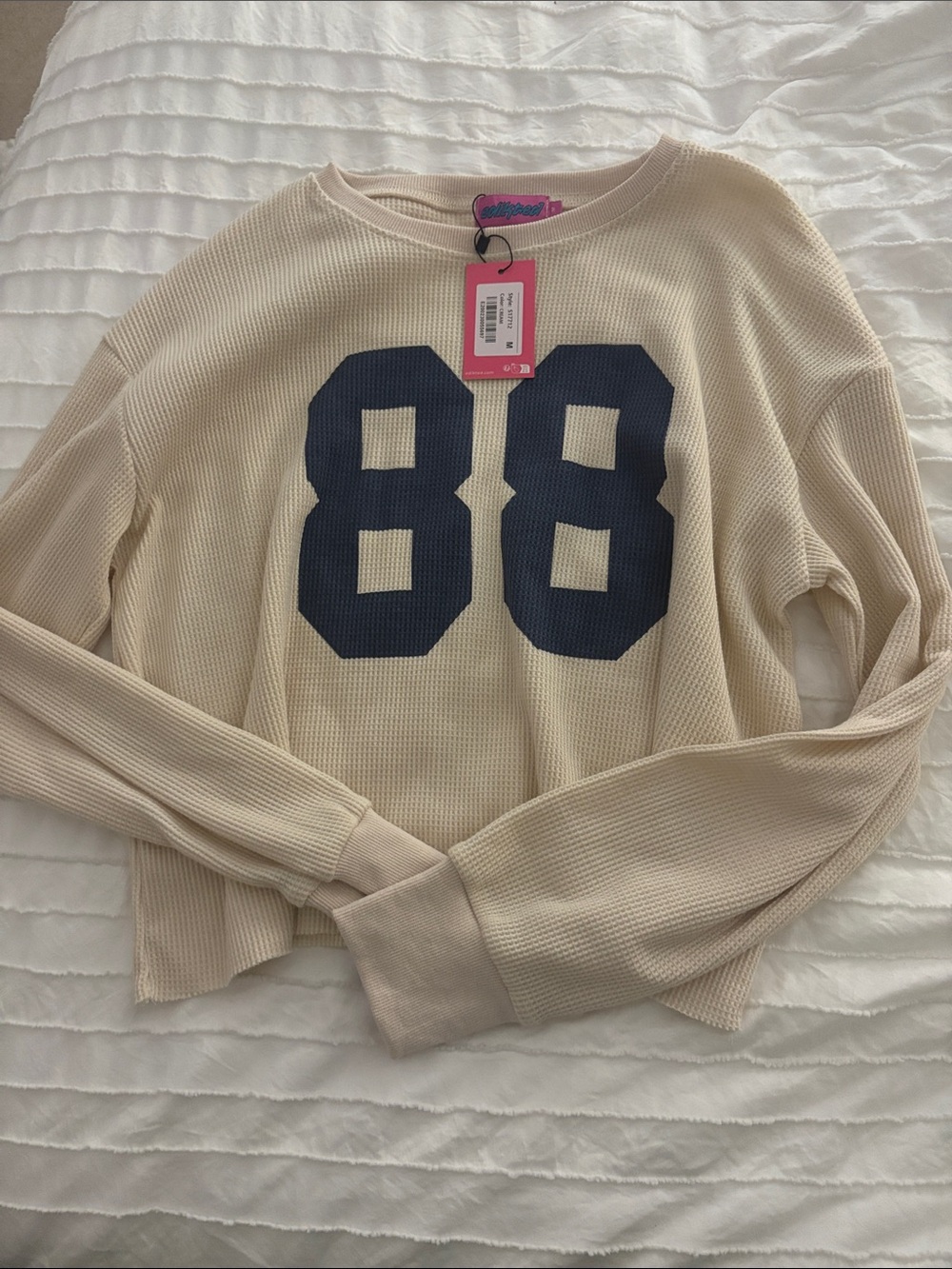 Edikted Cream Long Sleeve Waffle Knit Top with Navy 88 Graphic